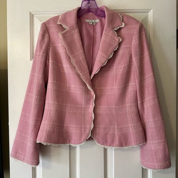 Vintage Silk blend Pink & white plaid blazer with lace, size 8, preppy, Barbie - Picture 2 of 7